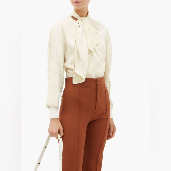 NWT Chloe Floral-Jacquard Tie-Neck Faux-Wrap Cream Blouse IT 36 (US 0) - Picture 2 of 16